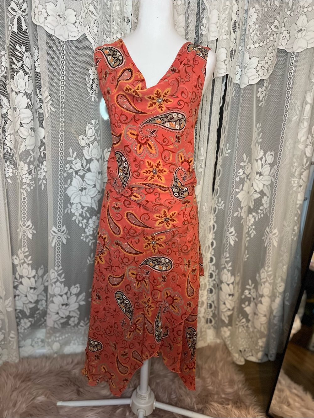 Vintage y2k Jessica Coral Paisley Midi Dress Handkerchief Hem Plus Size